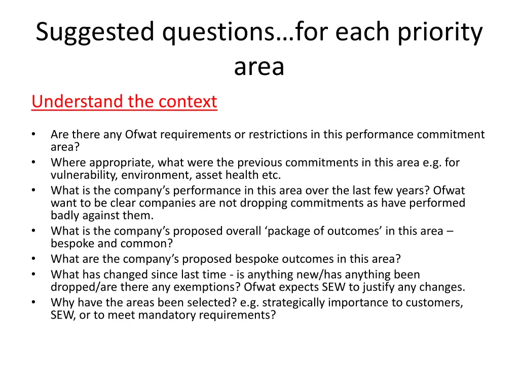 suggested questions for each priority area