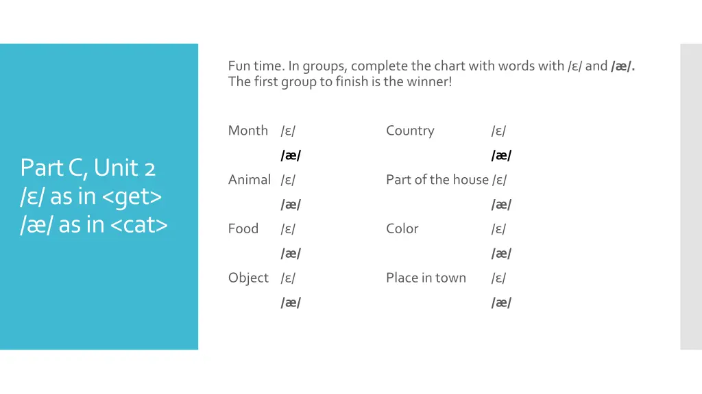 fun time in groups complete the chart with words