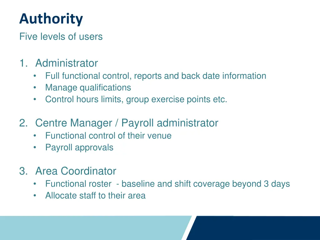 authority five levels of users