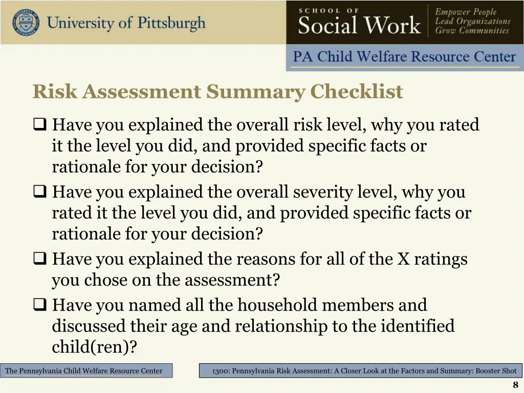 risk assessment summary checklist