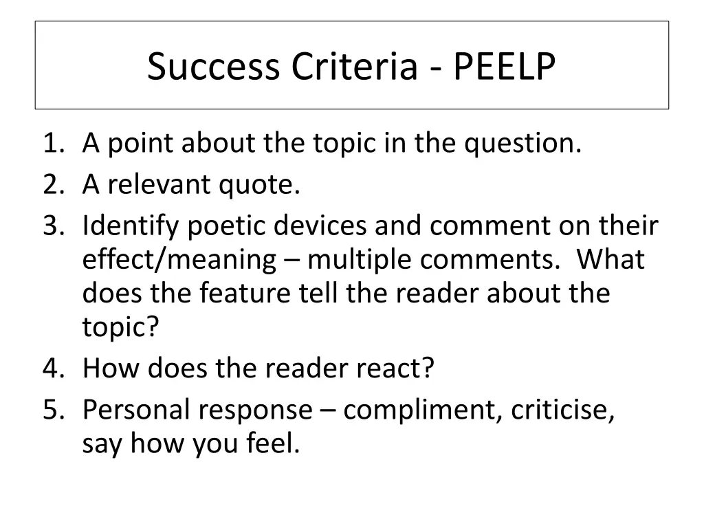 success criteria peelp