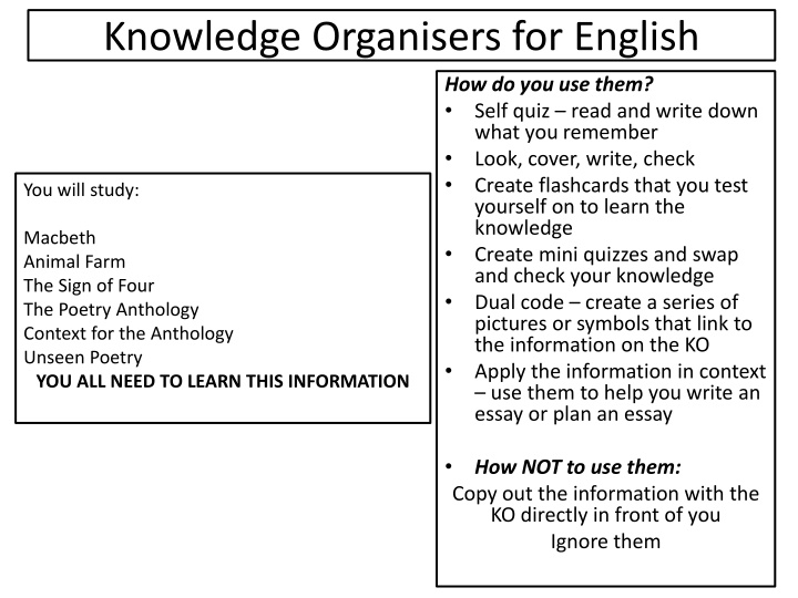 knowledge organisers for english