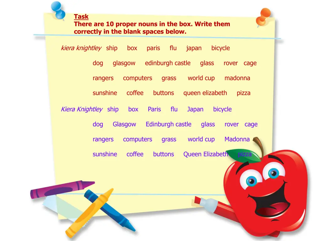 task there are 10 proper nouns in the box write