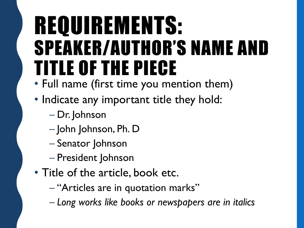 requirements speaker author s name and title