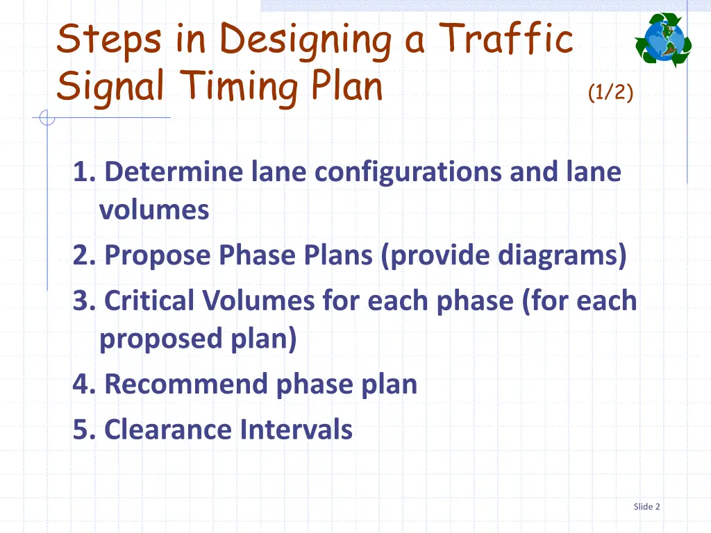 steps in designing a traffic signal timing plan