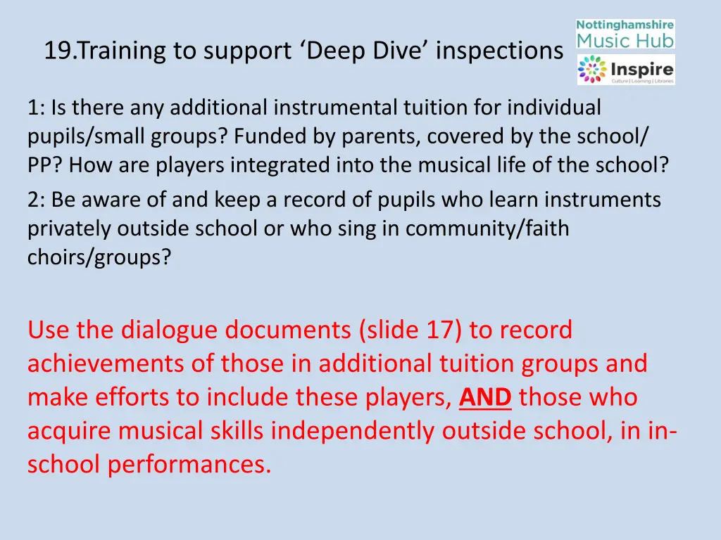 19 training to support deep dive inspections