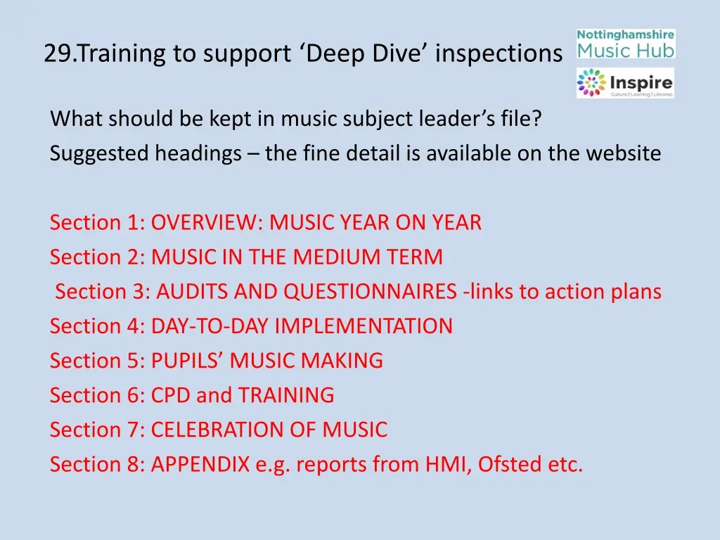 29 training to support deep dive inspections