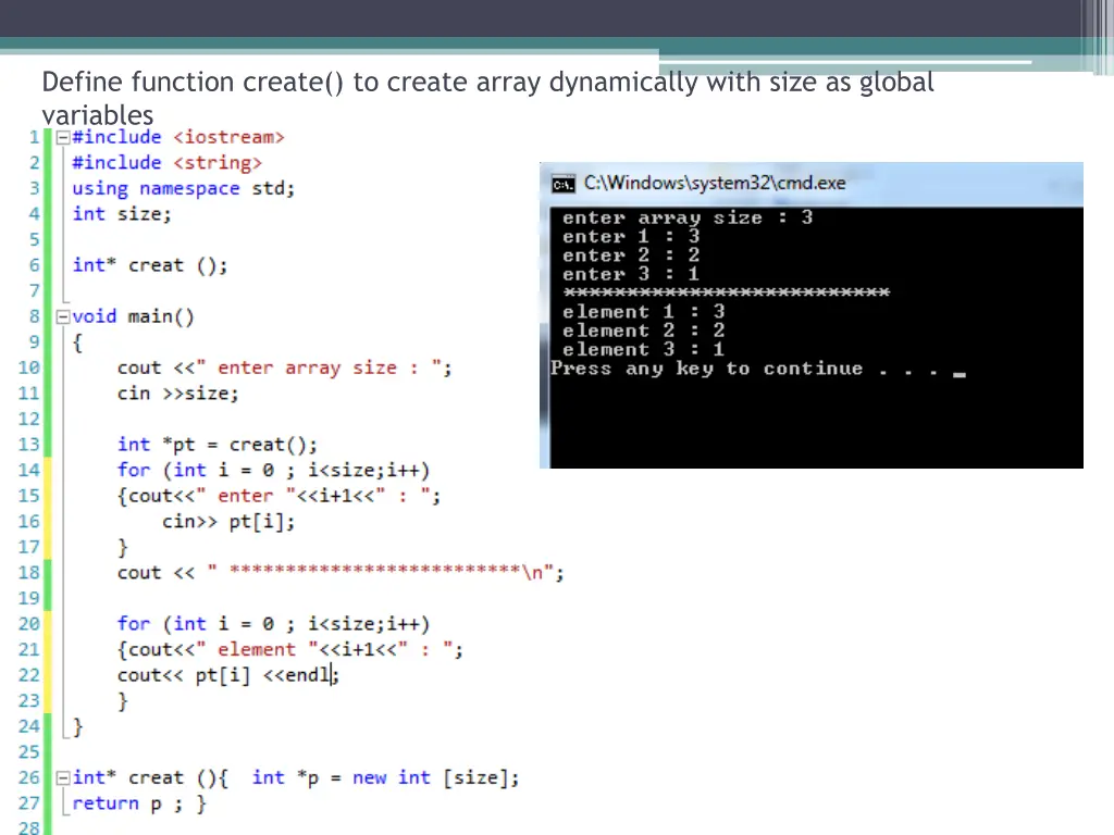 define function create to create array