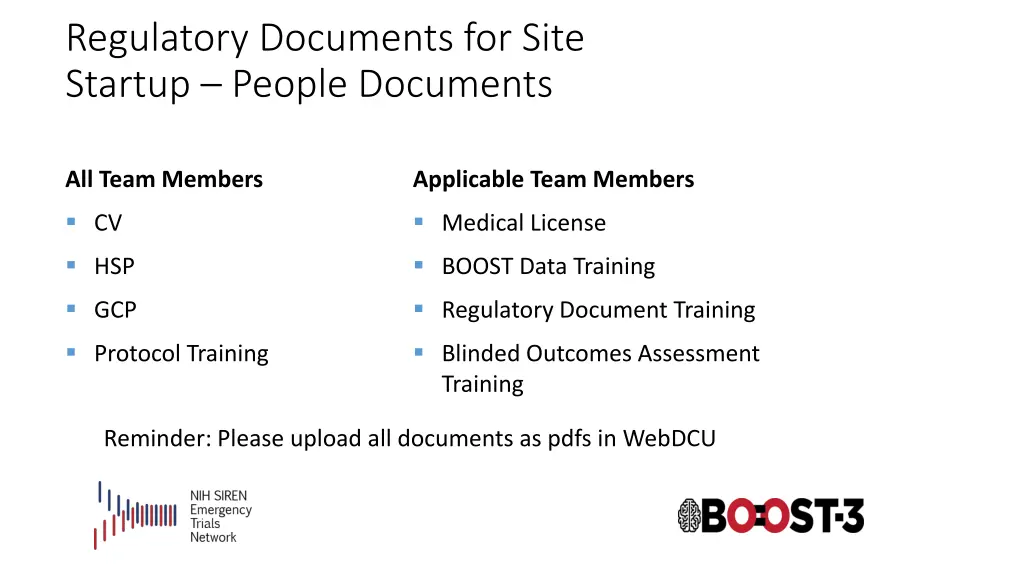 regulatory documents for site startup people