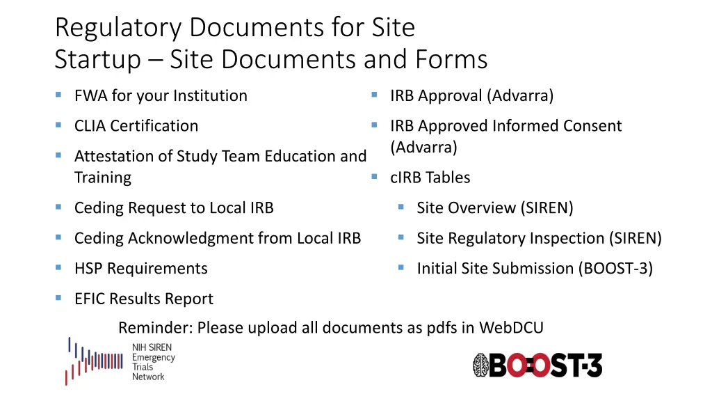 regulatory documents for site startup site