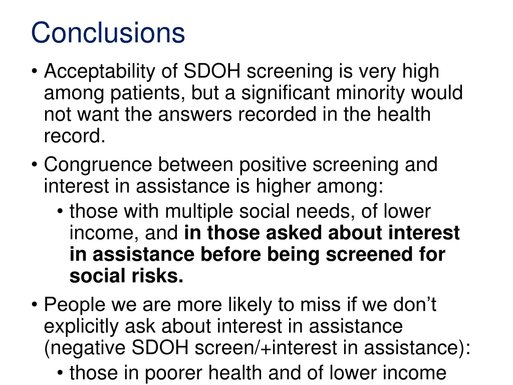 conclusions acceptability of sdoh screening