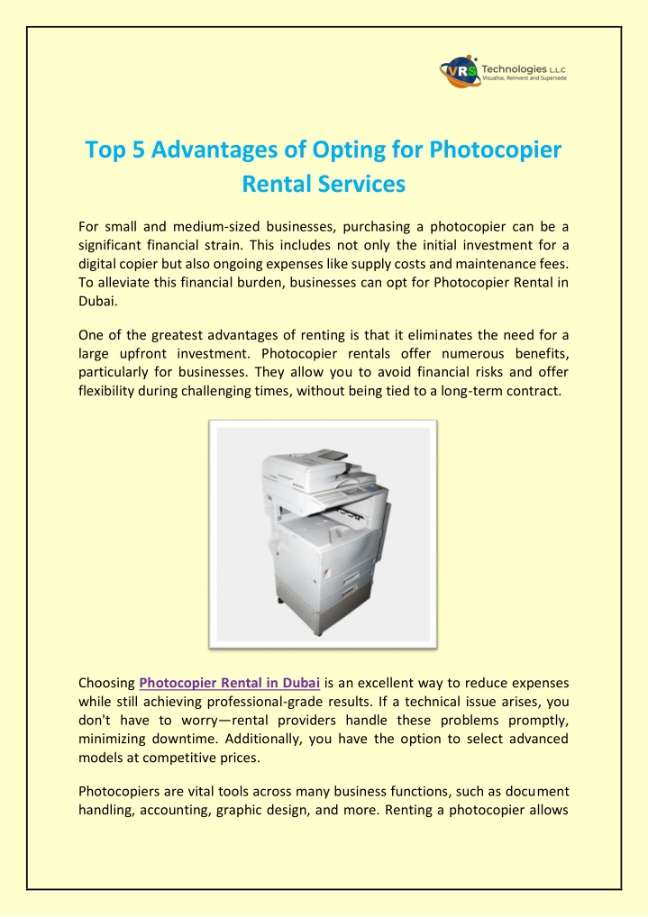 top 5 advantages of opting for photocopier rental