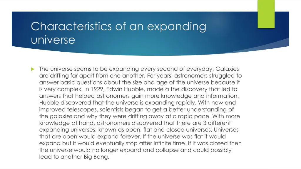 characteristics of an expanding universe