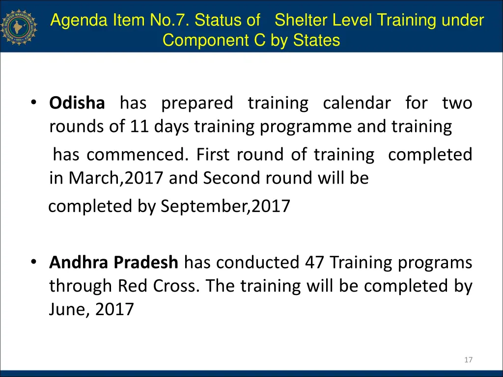 agenda item no 7 status of shelter level training