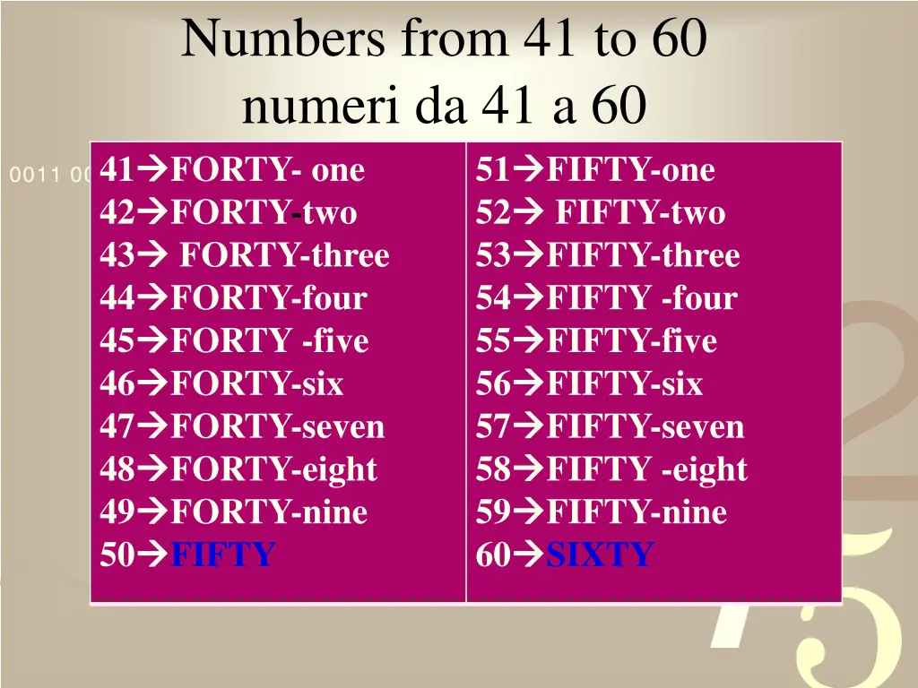 numbers from 41 to 60 numeri da 41 a 60