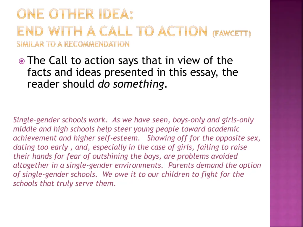 one other idea end with a call to action fawcett