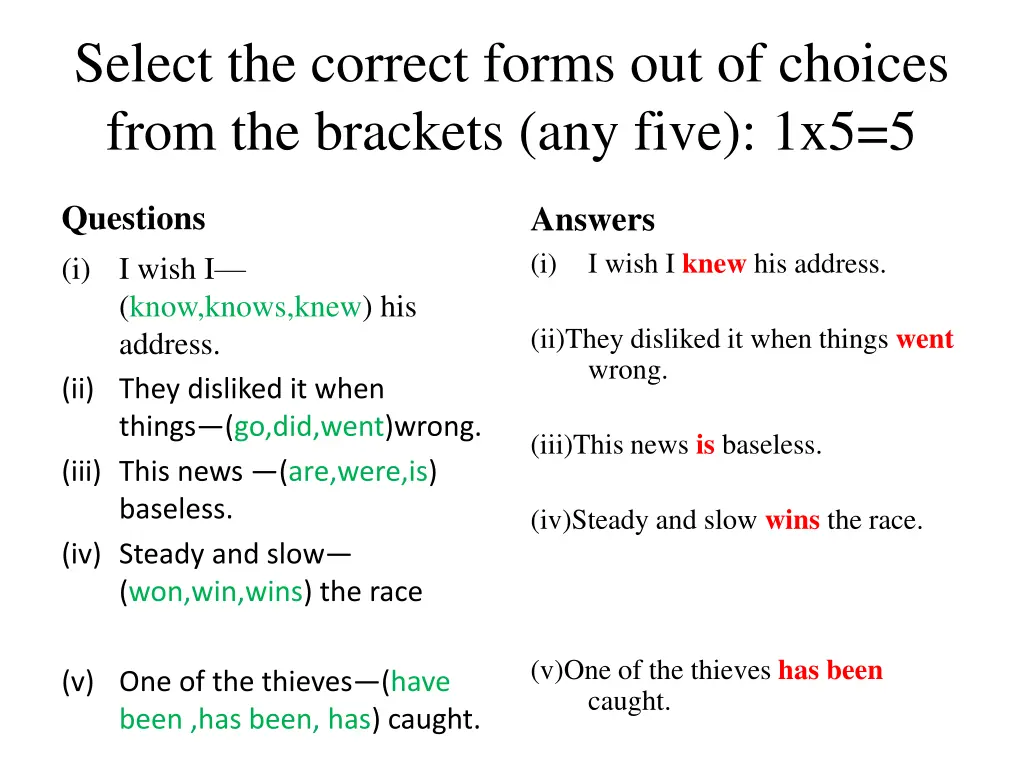 select the correct forms out of choices from