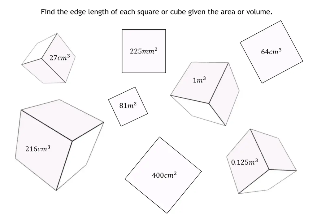 find the edge length of each square or cube given 1