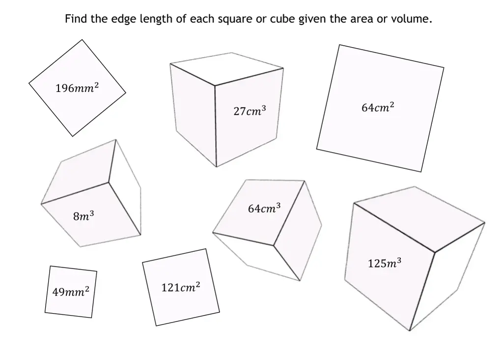 find the edge length of each square or cube given