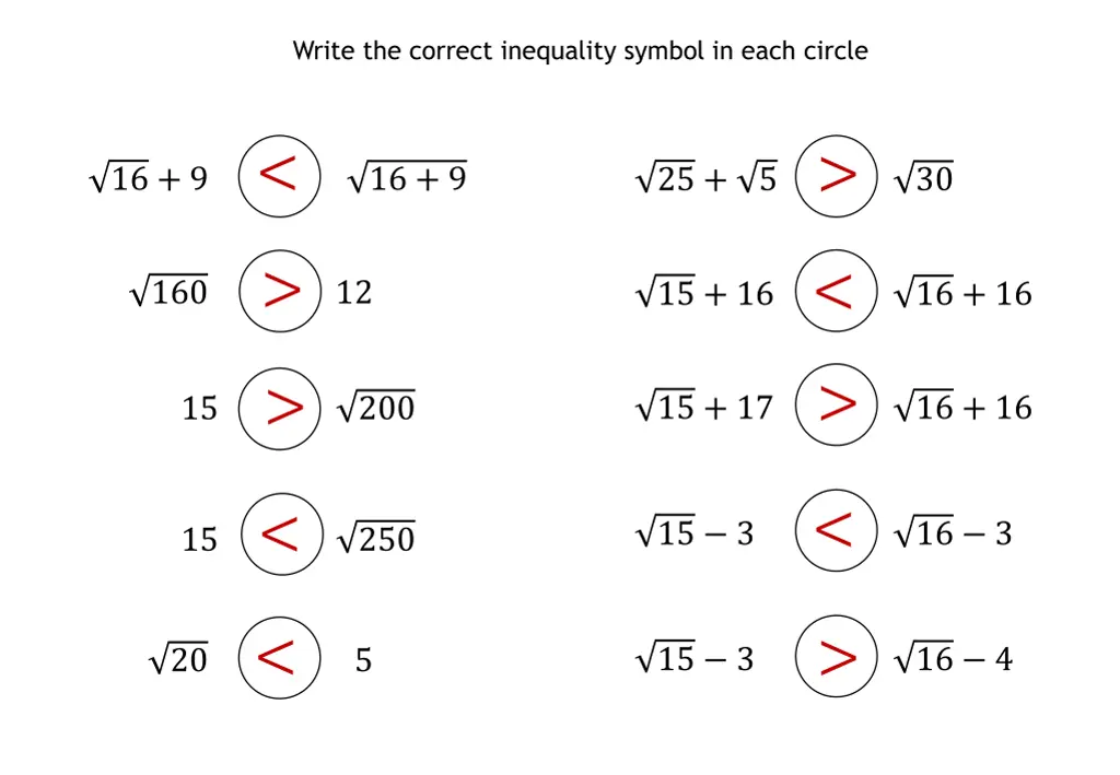 write the correct inequality symbol in each circle 1