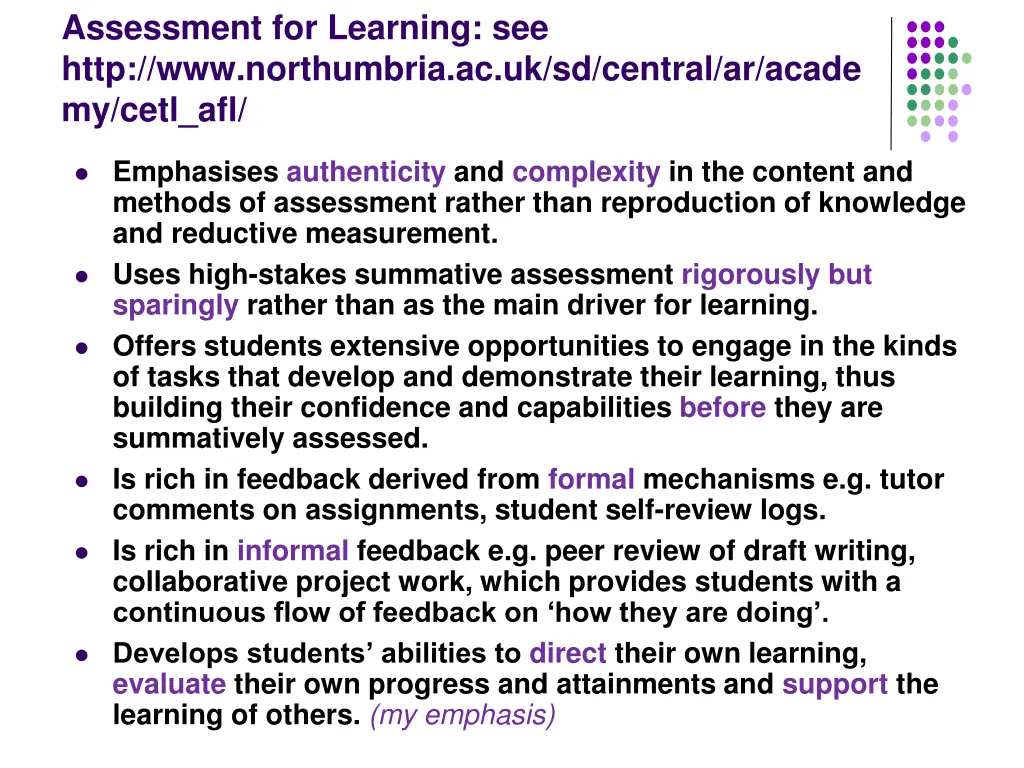 assessment for learning see http www northumbria