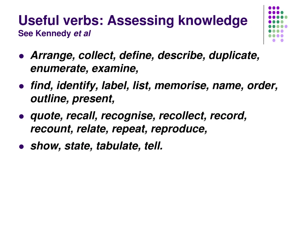 useful verbs assessing knowledge see kennedy et al