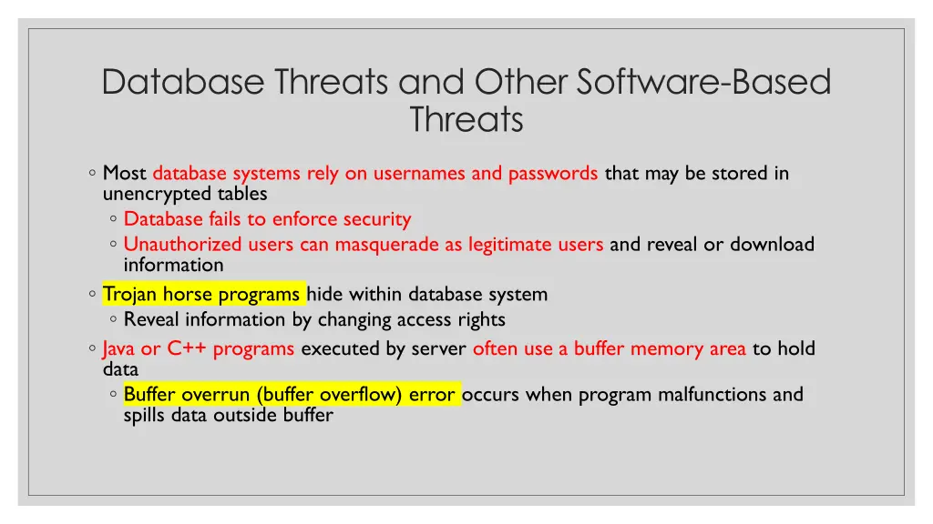 database threats and other software based threats