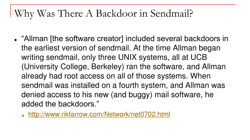 why was there a backdoor in sendmail