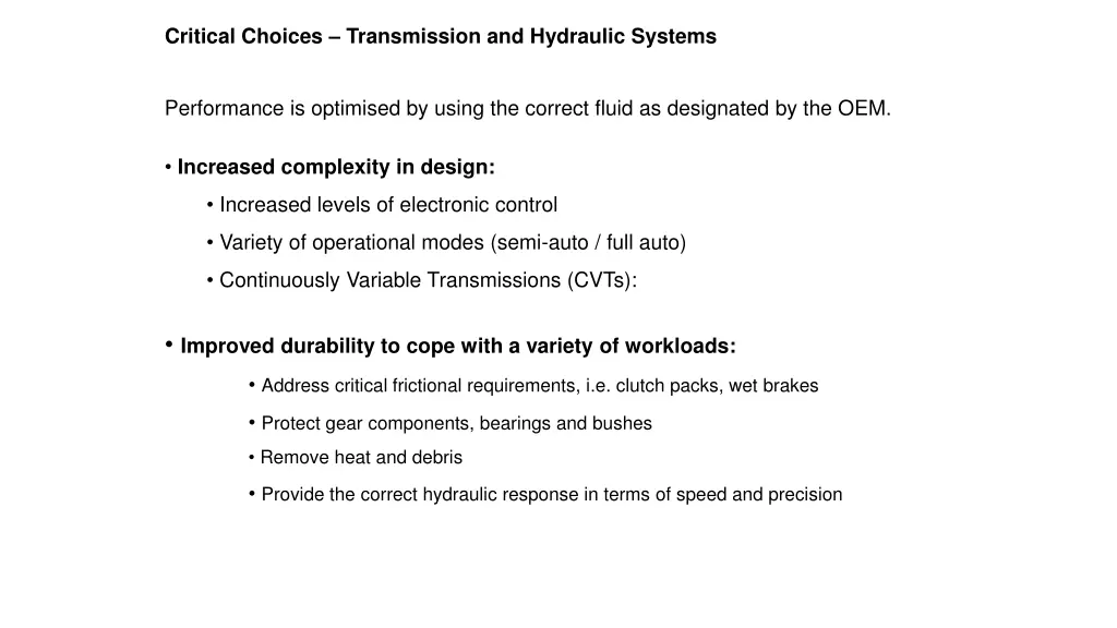 critical choices transmission and hydraulic