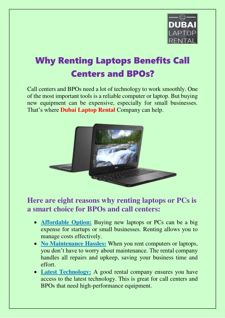 why renting laptops benefits call centers and bpos