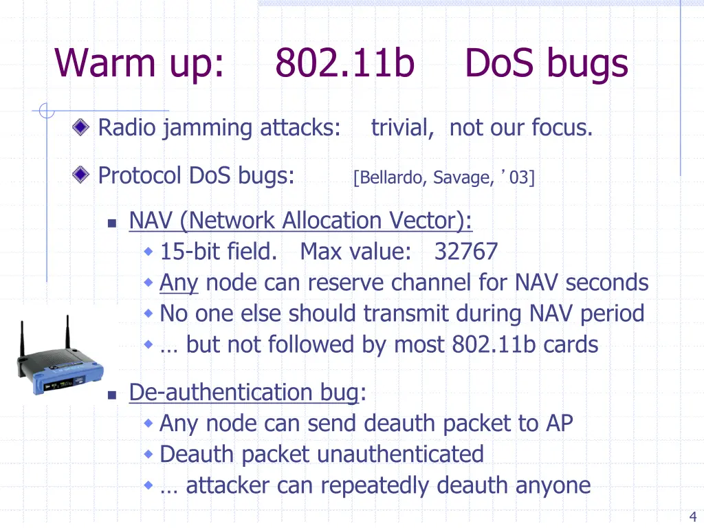 warm up 802 11b dos bugs