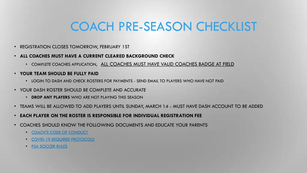 coach pre season checklist