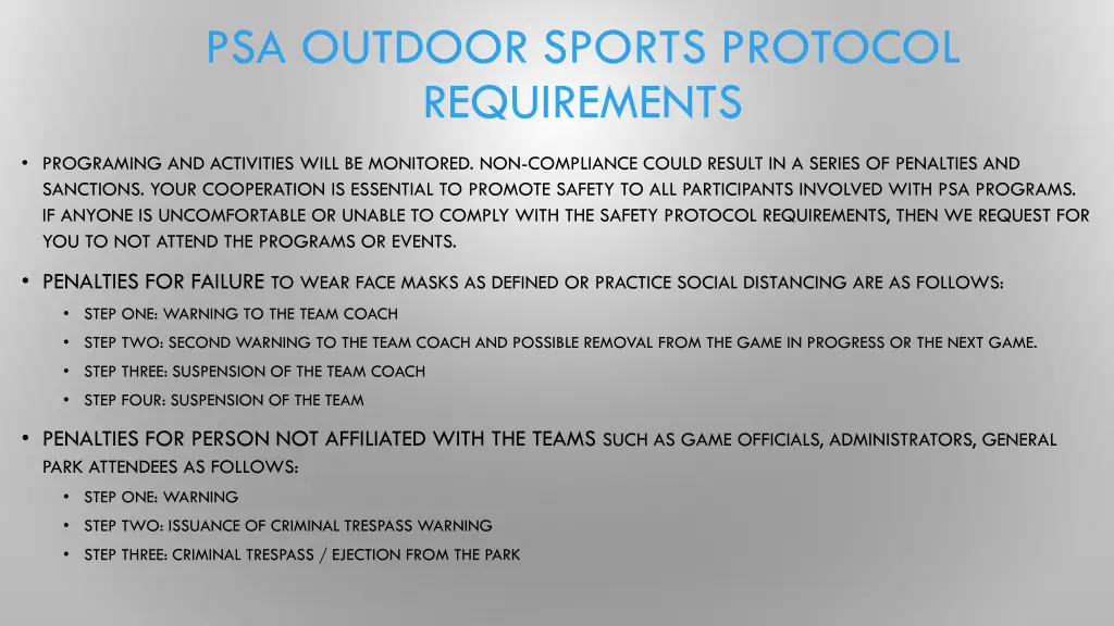 psa outdoor sports protocol requirements