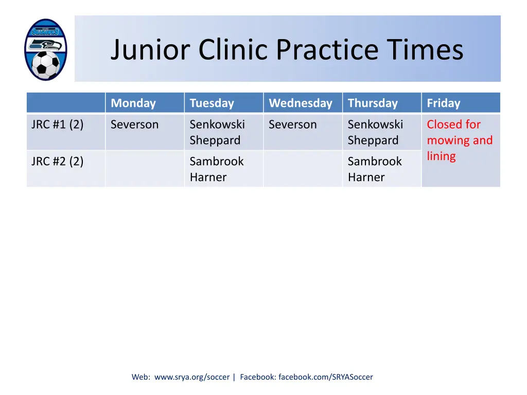 junior clinic practice times