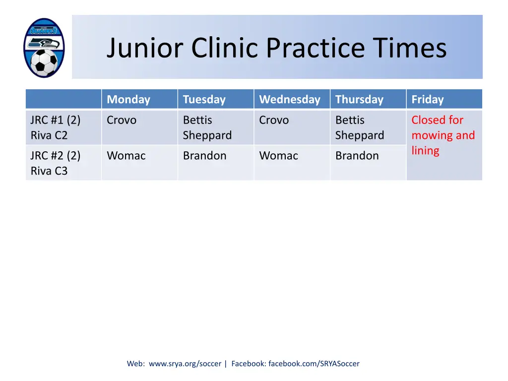 junior clinic practice times