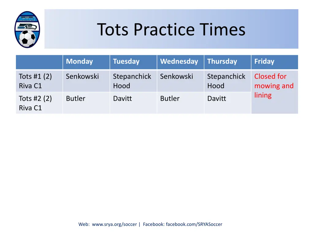 tots practice times