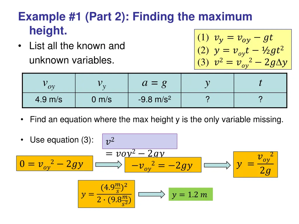 example 1 part 2 finding the maximum height list