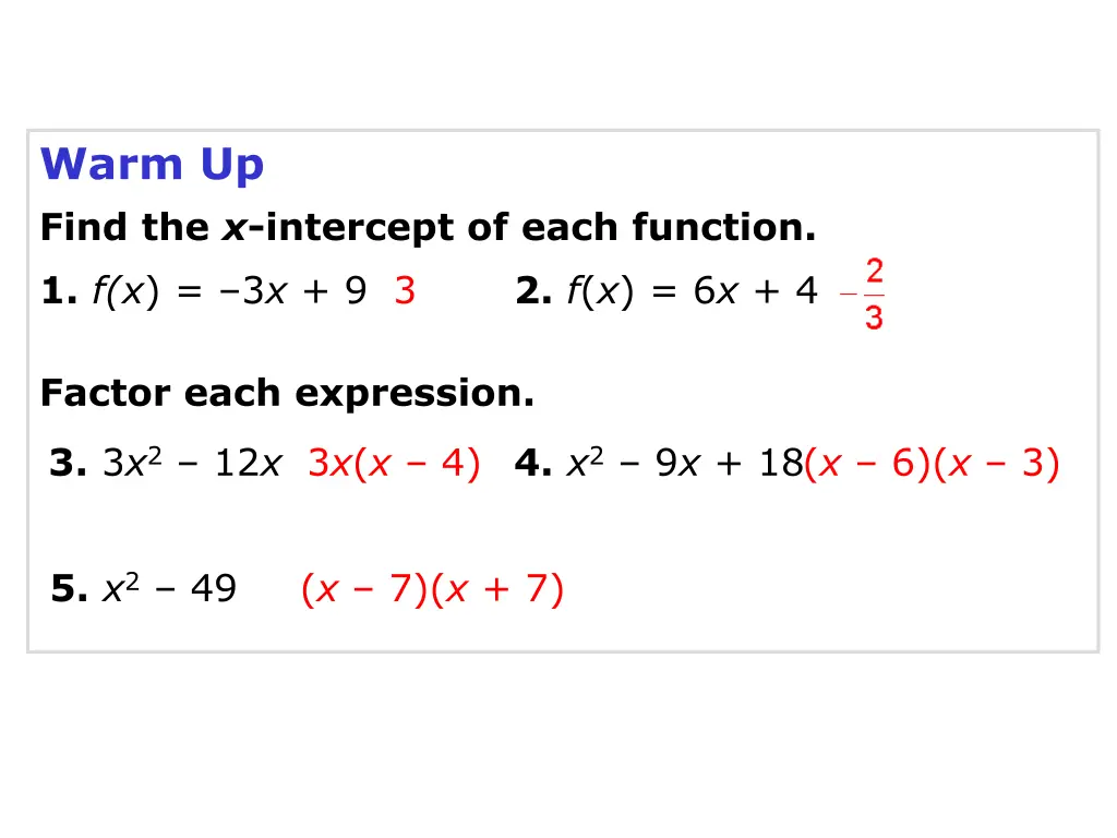 warm up find the x intercept of each function