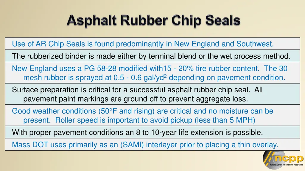 use of ar chip seals is found predominantly