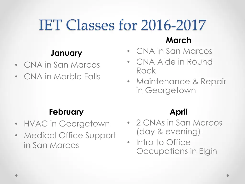 iet classes for 2016 2017