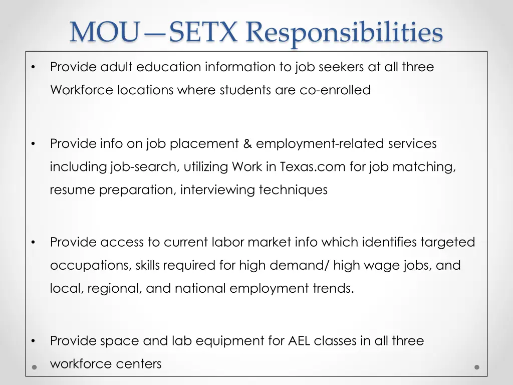 mou setx responsibilities