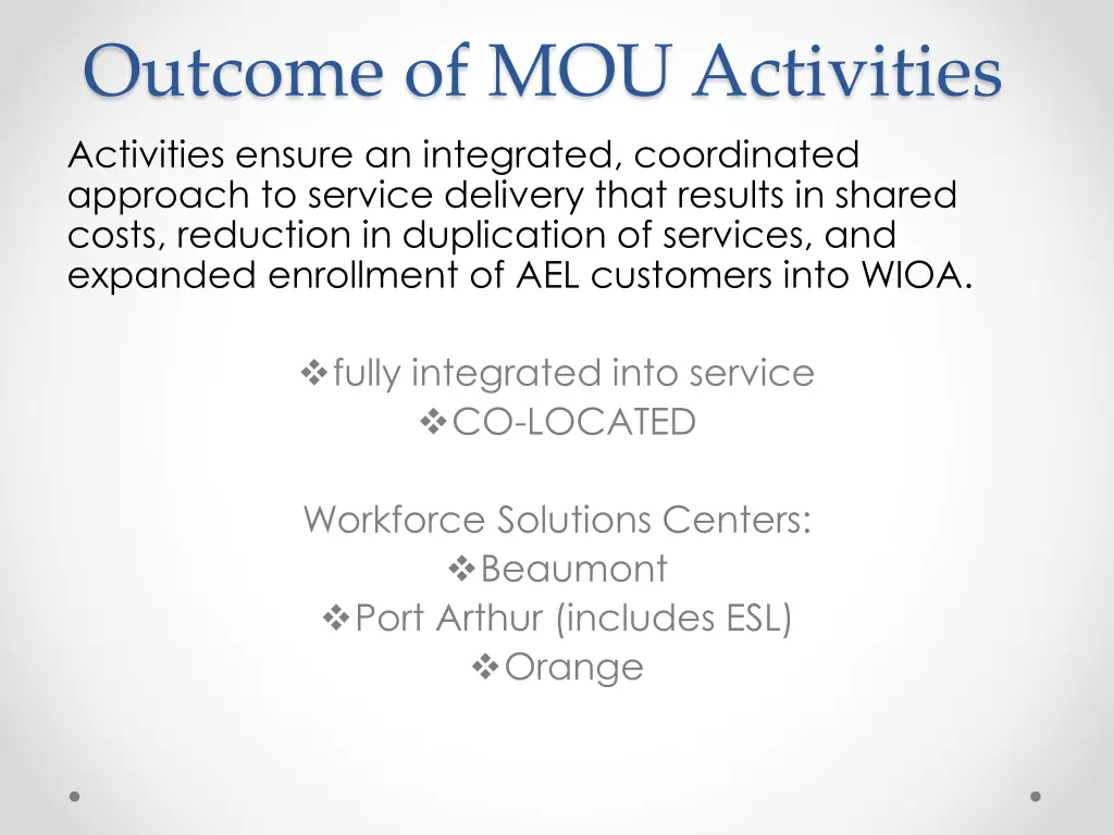 outcome of mou activities activities ensure