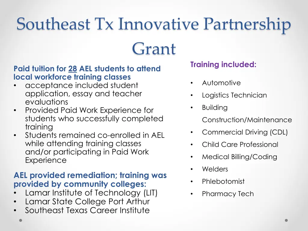 southeast tx innovative partnership grant