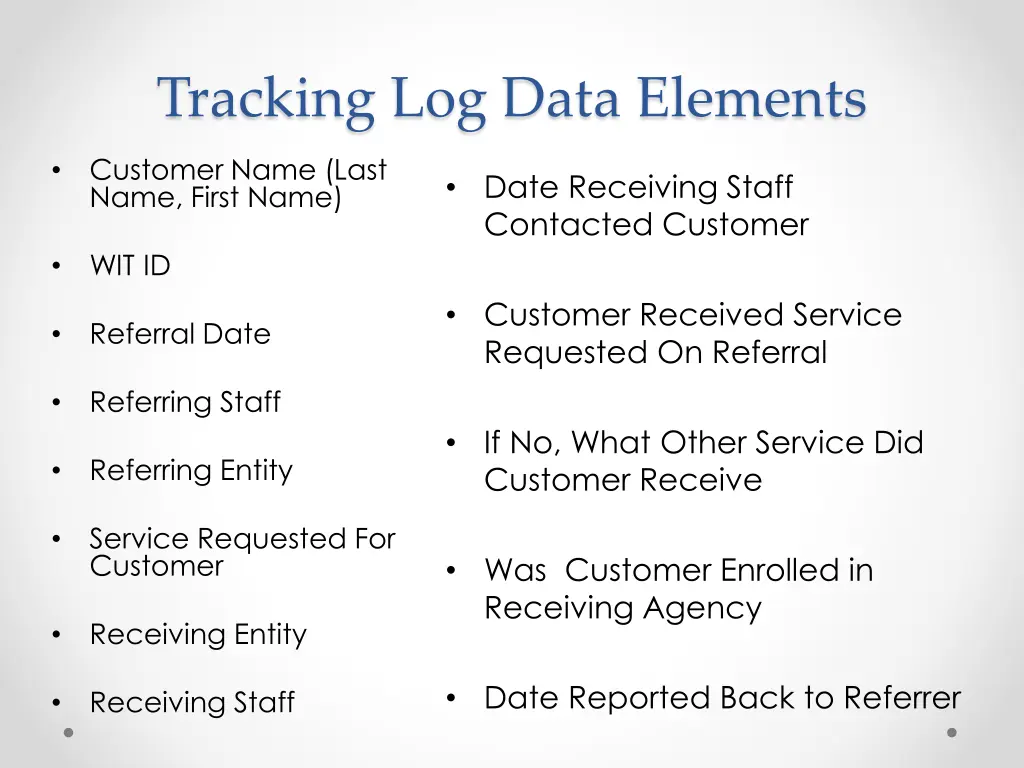 tracking log data elements