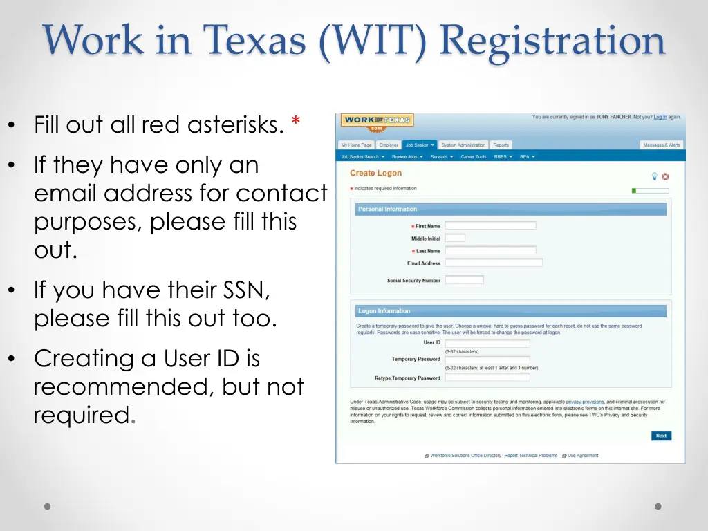 work in texas wit registration