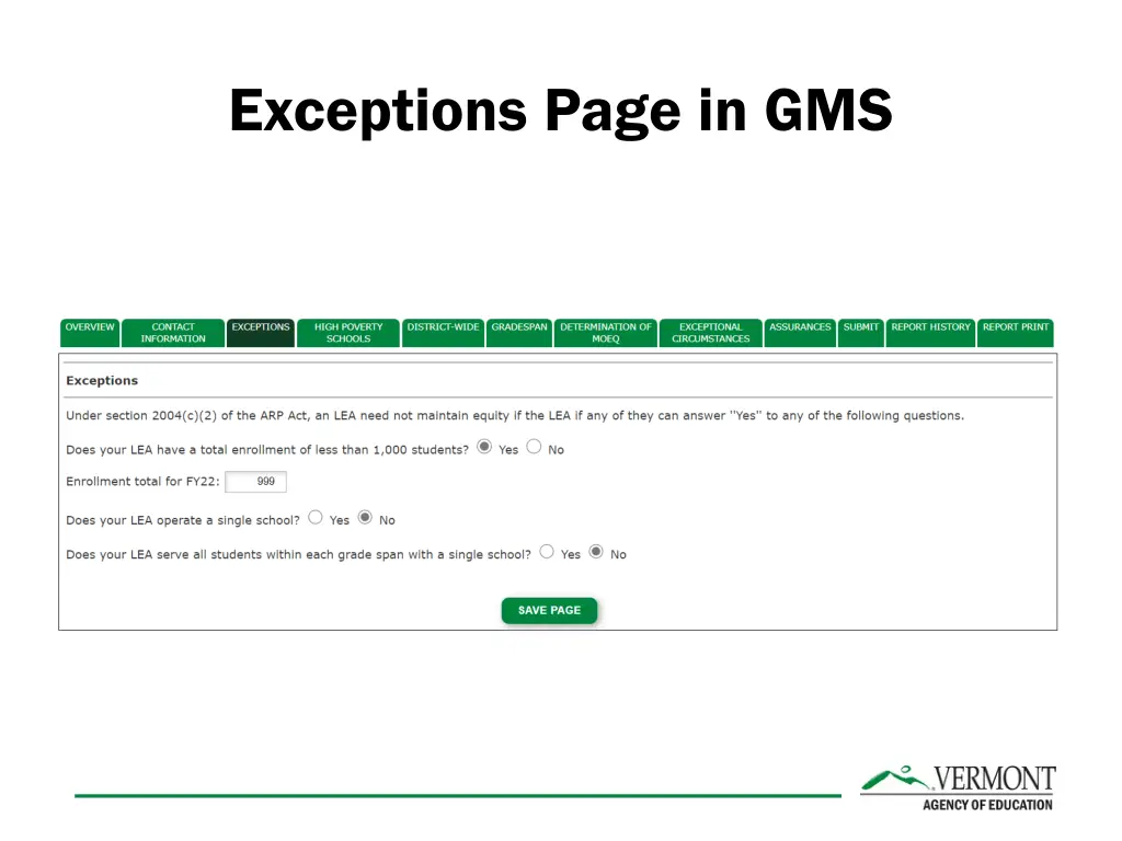 exceptions page in gms