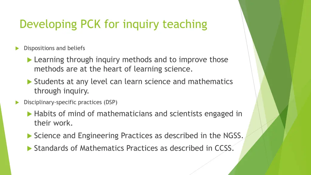 developing pck for inquiry teaching