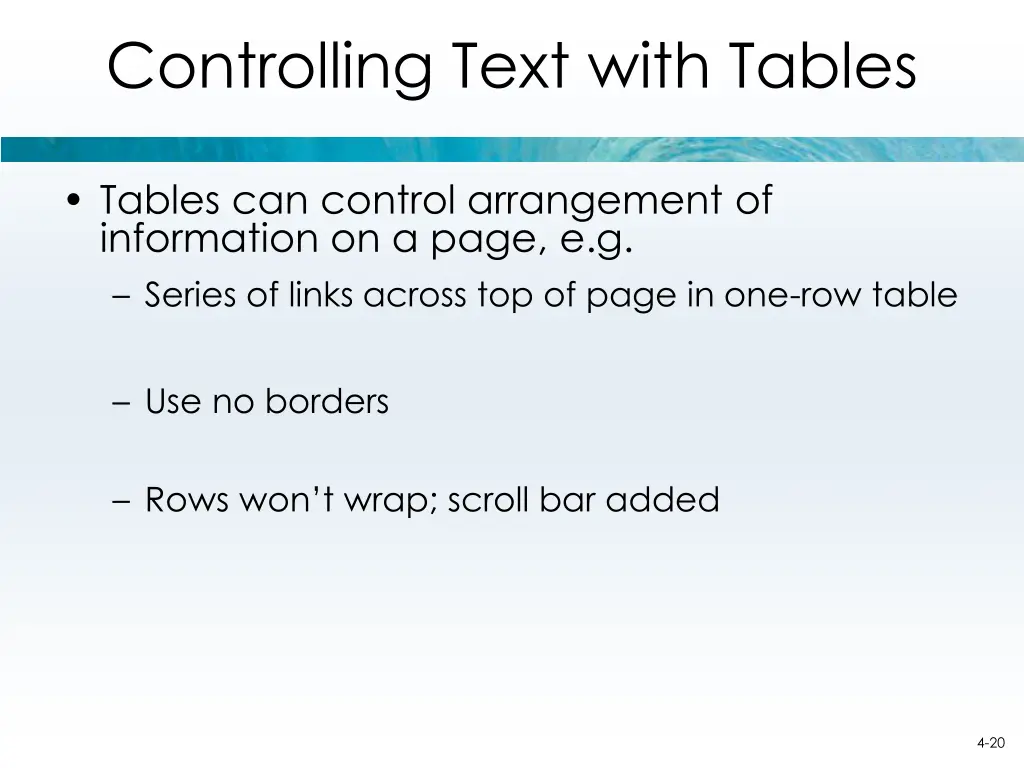 controlling text with tables