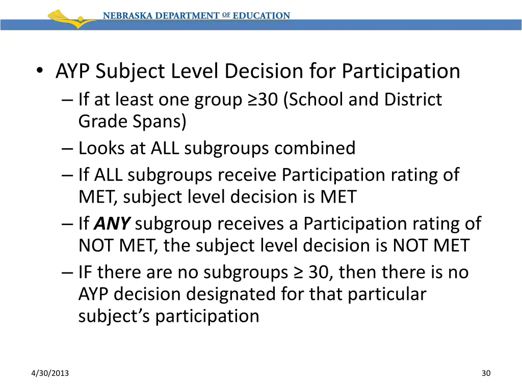 ayp subject level decision for participation