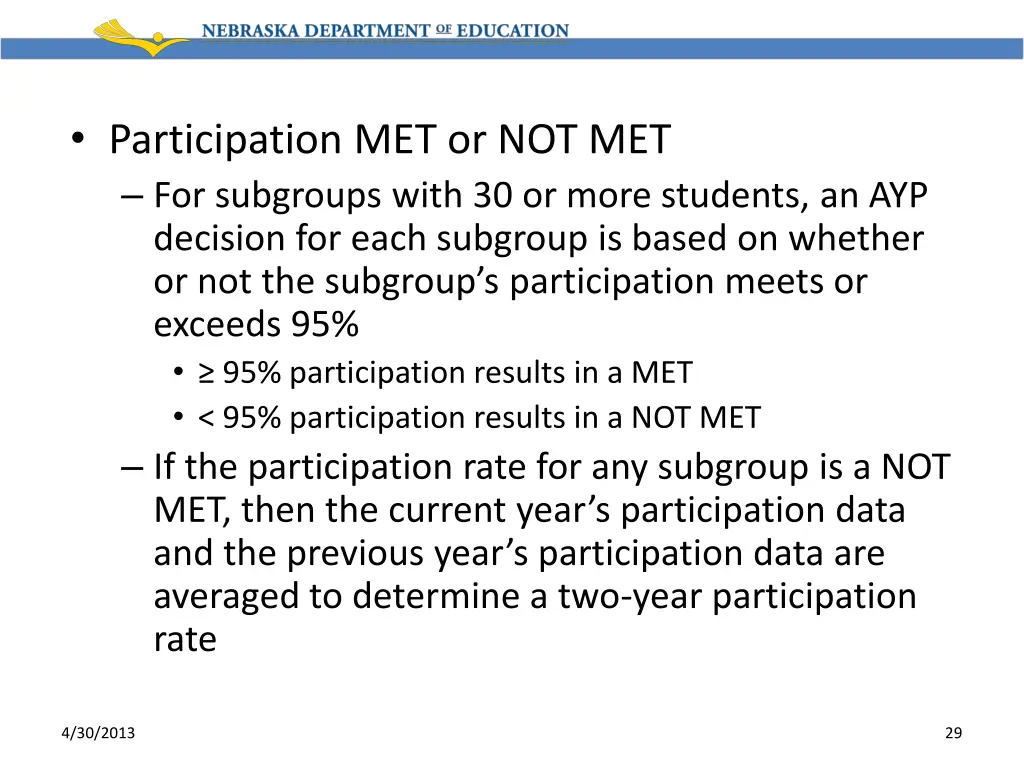 participation met or not met for subgroups with